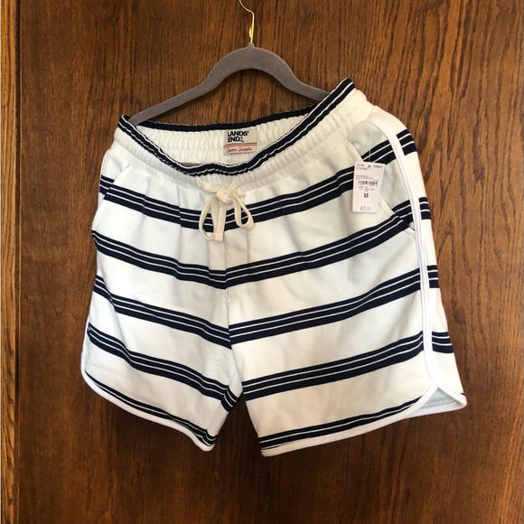NWT MENS LAND END ‘SERIOUS SWEATS’ FRENCH TERRY SHORTS NAVY/IVORY STRIPES - Picture 1 of 6